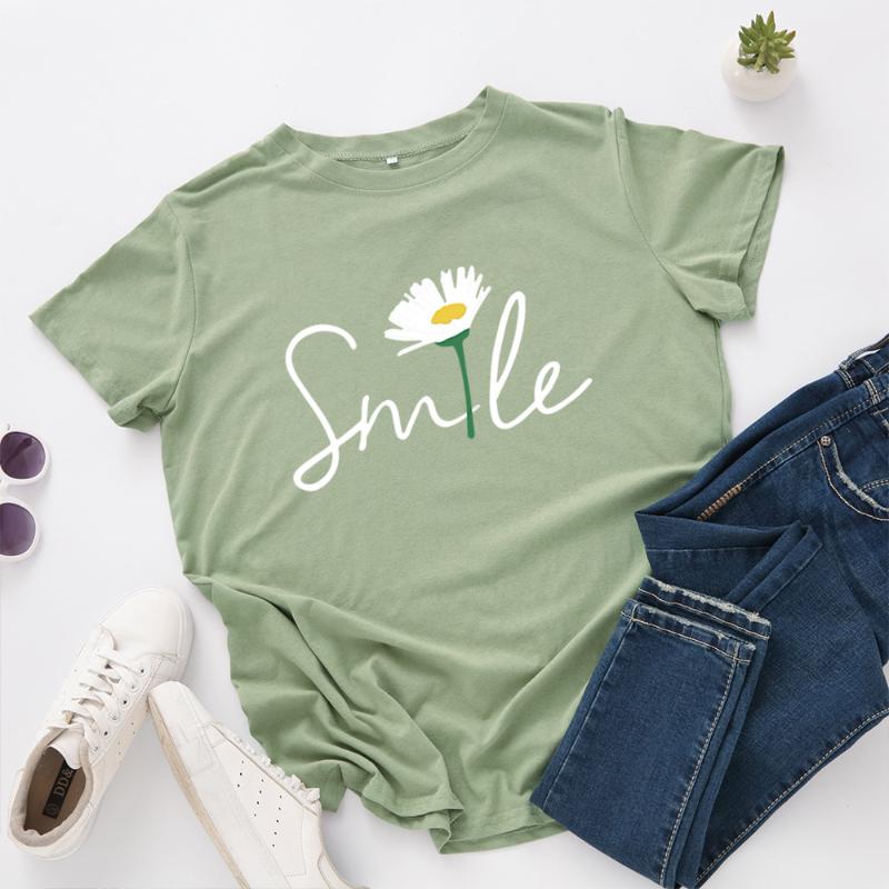 

Women' T-Shirt Daisy Smile Printed Summer Plus Size T Shirt Women Clothes O Neck Short Sleeve 100%Cotton Tshirt Female Tops, F0493-yellow