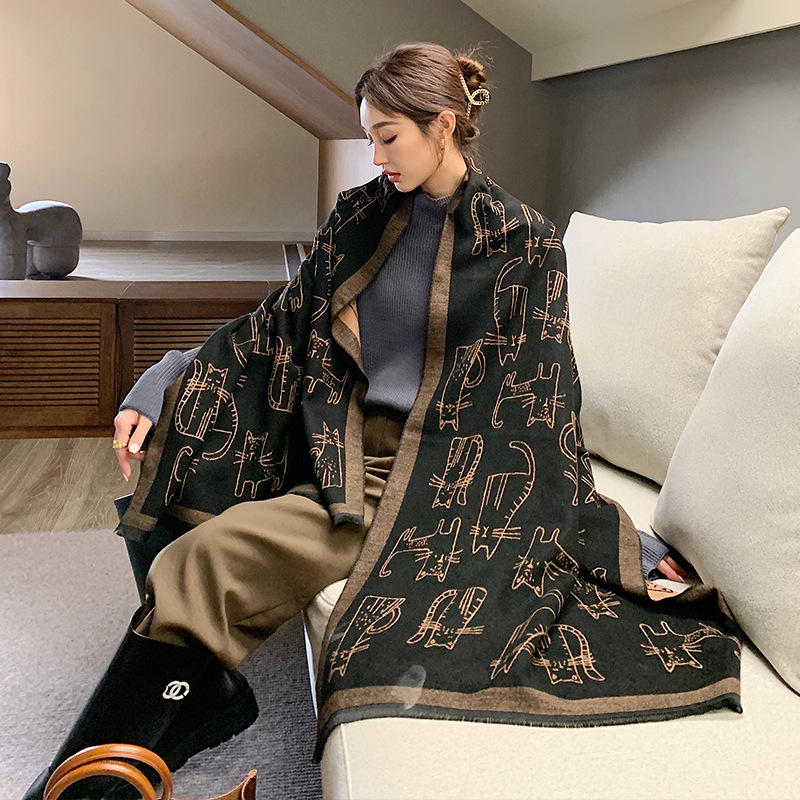 

Shawls Womens Scarf Autumn and Winter Online Influencer Cute Girls Cashmere-like Thickened Kitty Windproof Shawl Outer Match Dual-Purpose