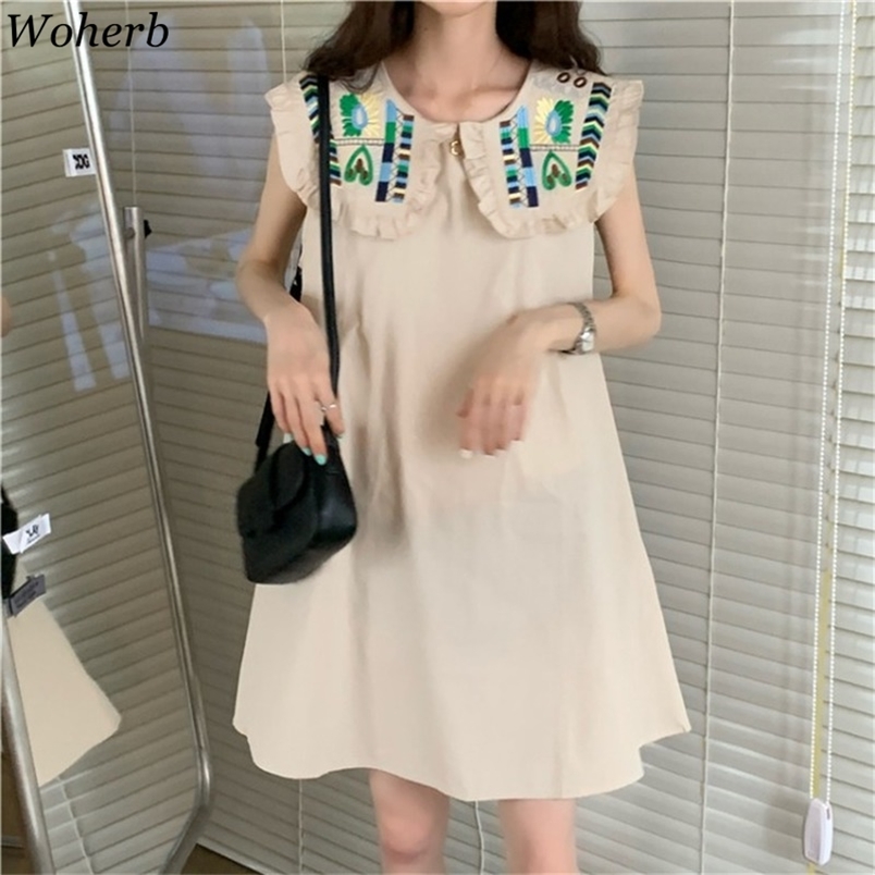 

Vestido De Mujer Chic Ruffles Embroidered Sleeveless Dress Female Robe Peter Pan Collar Loose Korean Mini Dresses 210519, Khaki