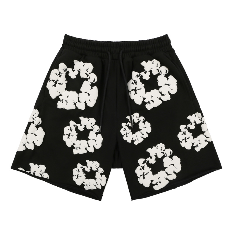 

Casual Summer Europe USA Flower Puff Print Shorts Women Men High Street oversize String Running Pocket Pants Jogging Short Sweatpants, Black shorts
