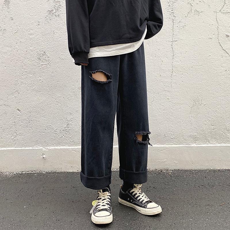 

Men' Jeans Fashion Ripped Hole Straight Loose Male Streetwear Denim Trousers Classic Black Men Four Seasons -5XL
