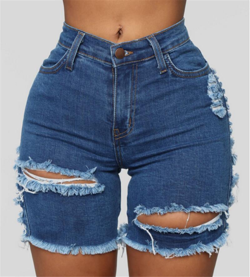

Women Casual Denim Shorts Fashion Stretchy Shredded Ripped Solid High Waist Bottoms Pants Female Skinny Plus Size XXL Women, Dark blue
