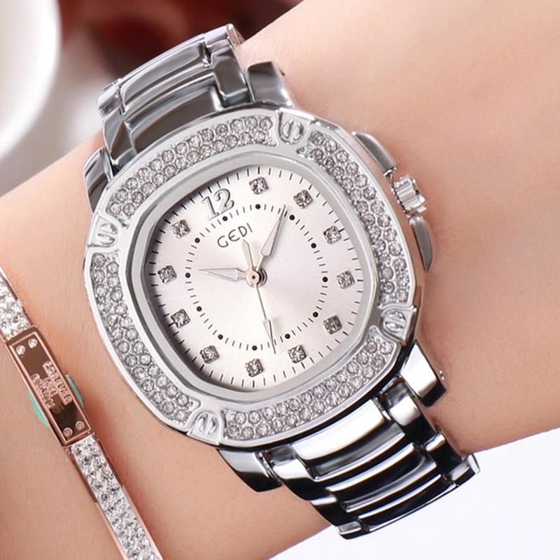 

Wristwatches GEDI Top Quality Fashion Sliver Women's Watches Luxury Rhinestone Ladies Quartz Elegant Dress Crystal Wristwatch Relogio, Silver