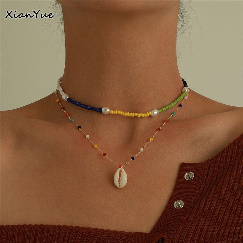 

Chokers Simple Colorful Bead Shell Pendant Strand Necklaces Women Short Choker Necklace Jewelry Summer Beach Boho Gifts, Golden;silver