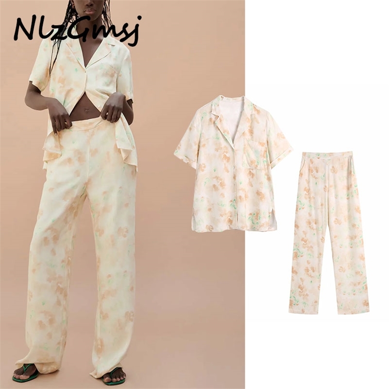 

Two Piece Set Women Blouse+Pant Retro Floral Print Crop Shirt and Trousers for Summer Sets 04 210628, As picture