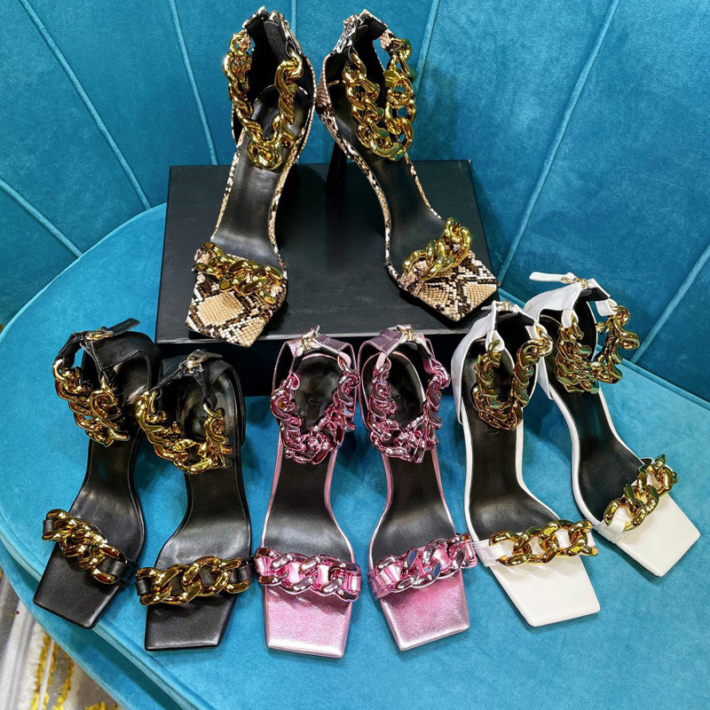 

21ss Newest Luxury Genuine Leather Classic sandals Chain 8.5CM High heeled Gladiator Women Fine heel Top quality Fashion sexy party woman shoes Slippers big size 35-41, Black