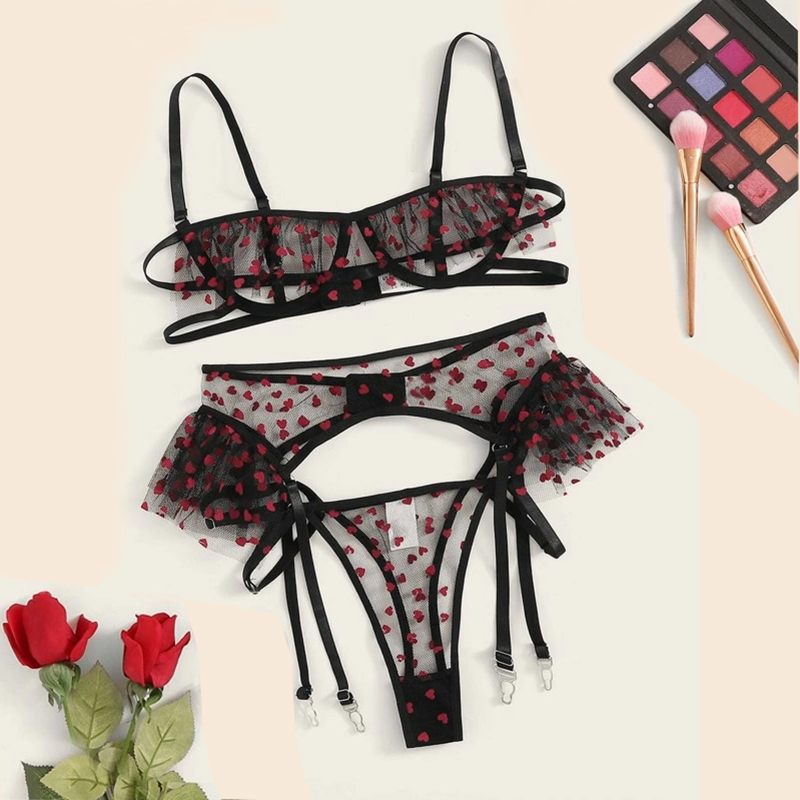 

Aduloty Woman sexy pajamas Heart Print Garter Sheer Lingerie Set Mesh Cupless Underwire Thong cute lace Bra Set, Red