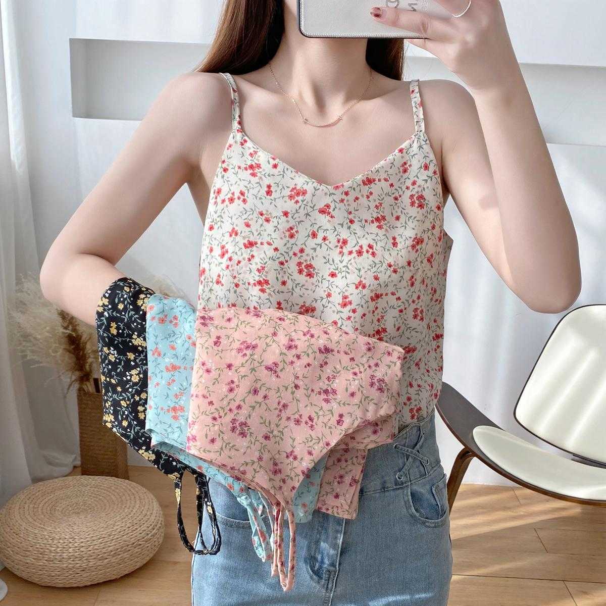 

Summer Beach Style Floral Print White Women Camis Slim Spaghetti strap Blouse Top Fashion Center Women Tank Top Wholesale 210604, Pink