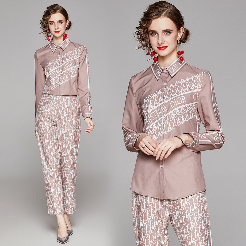 

2021 Runway Printed Casual Pants Suits Women Fashion Classic Button Shirts And Elegant Trouser Sexy Slim Business Party Office Spring Autumn Quality Two Piece Sets, White