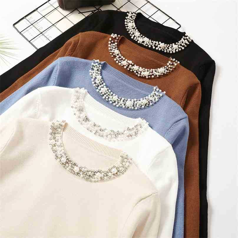 

Fashion Women Beaded Sweater Spring Autumn Slim Long Sleeve Casual Pullover Tops Female Harajuku 210525