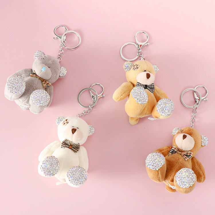 

cute bear key ring with diamond plush doll bag pendant soft girl heart accessories, Silver