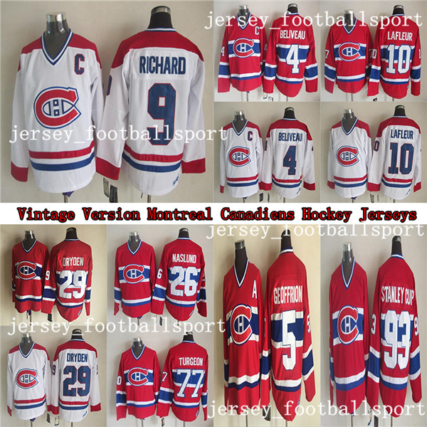 

Montreal Canadiens Vintage jersey 4 BELIVEAU 5Geoffrion 9 RICHARD 10 LAFLEUR 26 Naslund 29 DRYDEN 77 Turgeon CCM Hockey jerseys, White