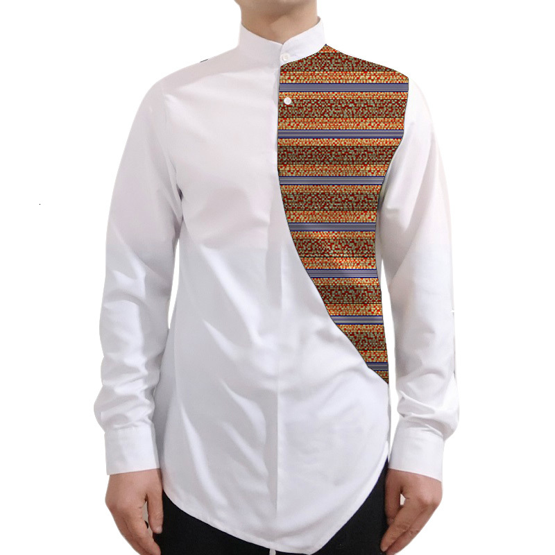 

Designer Ankara tops tailor made african clothing long sleeve shirt white &wax and patchwork shirts man's dashiki clothes, 10