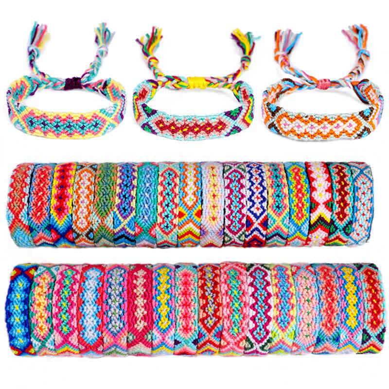 

100 Pcs Friendship Bracelet Handmade Woven Braided Rope Colorful Rainbow Beach Bohemian for Women Jewelry 30 Colors QMHB, Golden;silver