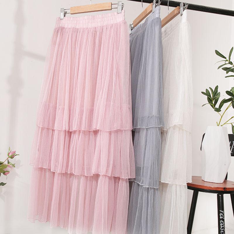 

Skirts Gauze Skirt Cake Qiu Dong Female In The 2021 Long Pleated Of Tall Waist, Beige