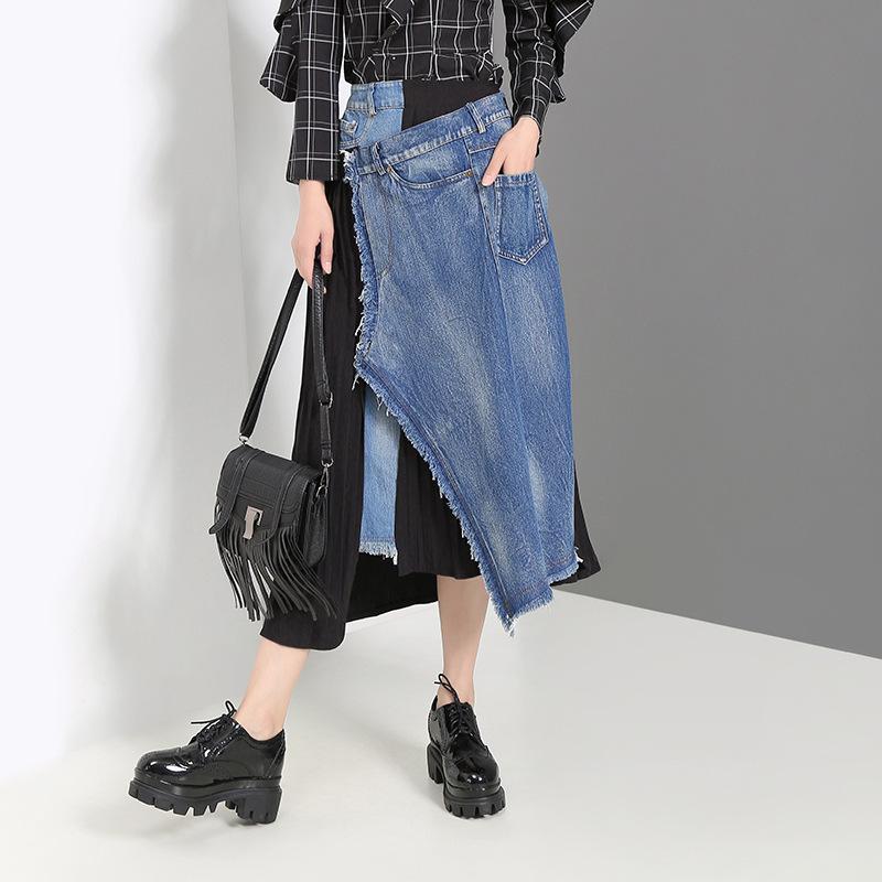 

Korean Women's Wild High Waist Denim Skirt Stitching Irregular Pleated Summer Skirts, Picture color