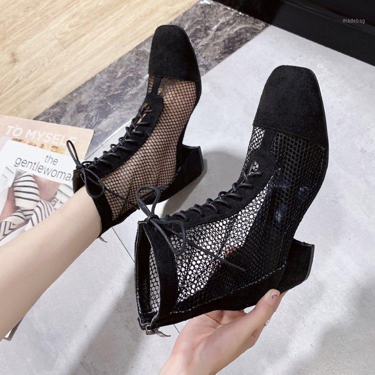 

Boots Women Lace Up Mesh Shoes Ankle Booties Summer Back Zipper Botas Mujer Brand Design Botines Female Size 41 42 43, Black