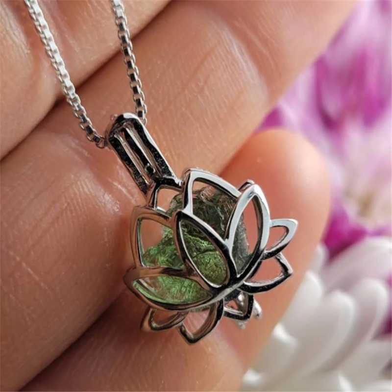 

Pendant Necklaces Lotus Flower Locket Necklace With Moldavite, **locket Comes One Crystal Bead Stone Inside**Green MOLDAVITE CAGE