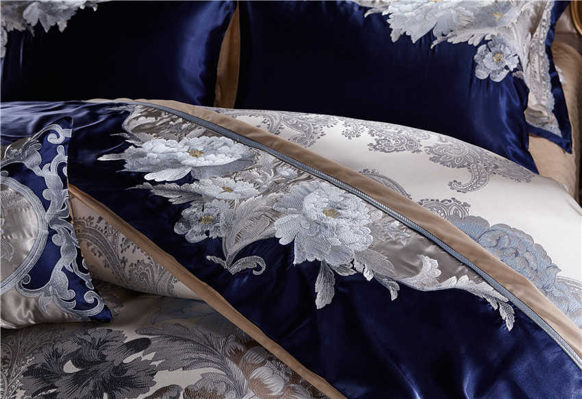 

Blue Silver Silk Cotton Satin Jacquard Luxury Chinese Bedding Set  King size Bedding Set Bed Sheet/Spread Set Duvet Cover H0913