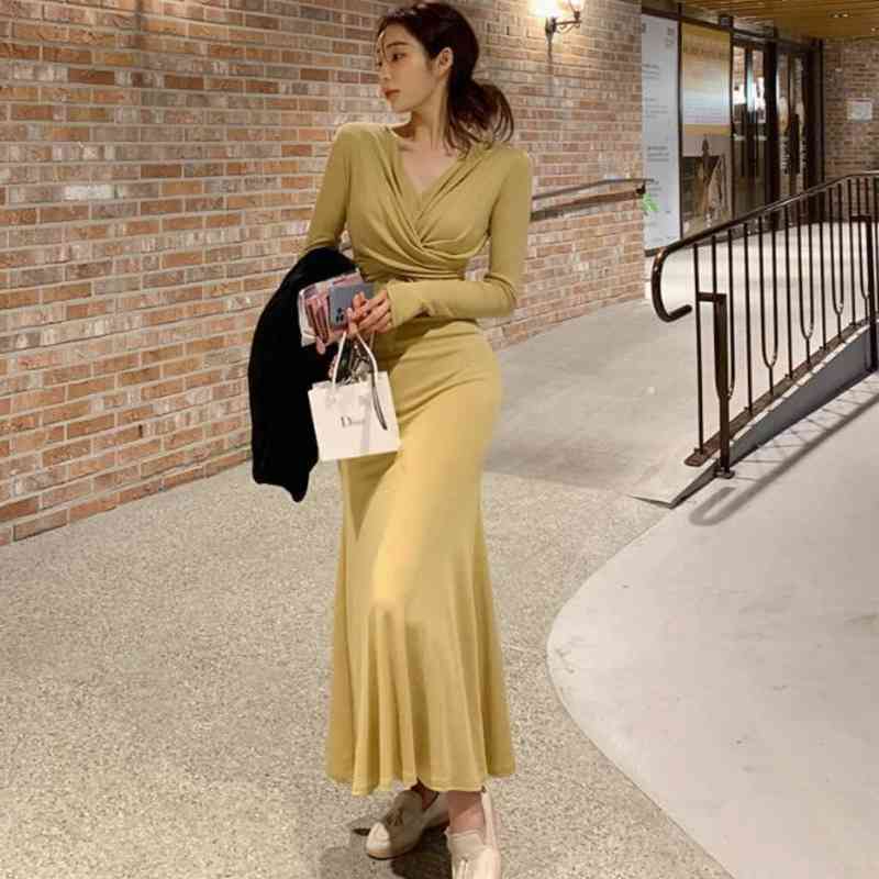 

WOMENGAGA Korea Spring Autumn Temperament Slim Bag Hip Sexy Show Thin High Cross V-neck Dress Long Dresses 6F5X 210603, Black