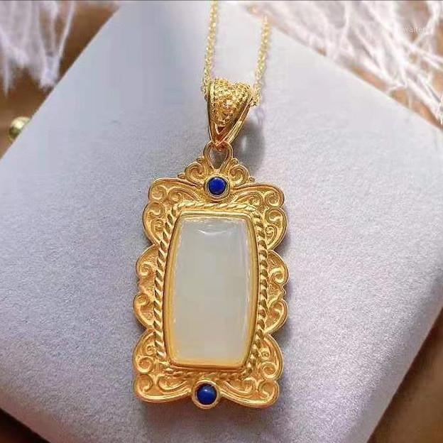

Silver Inlaid Hetian White Jade Pendant Chinese Style Retro Unique Ancient Metal Crafts Lapis Lazuli Women's Brand Jewelry Chains