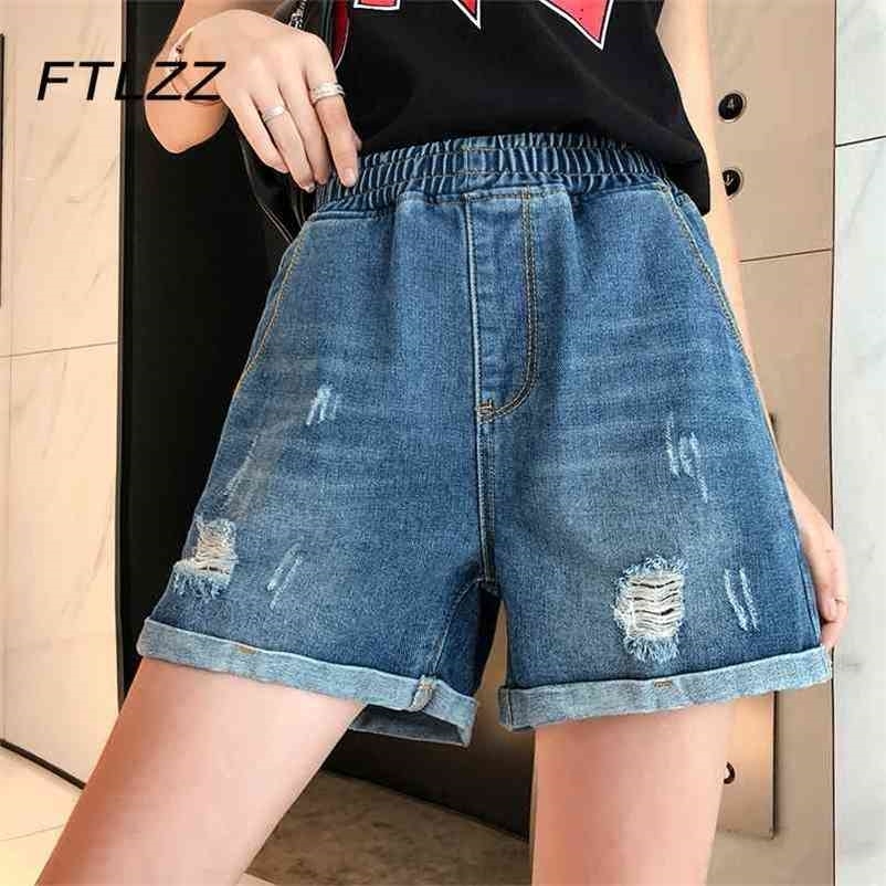 

Women Fashion Sweetwear Korean Denim Shorts Summer High Waist Plus Size Blue Jeans Ripped 210602