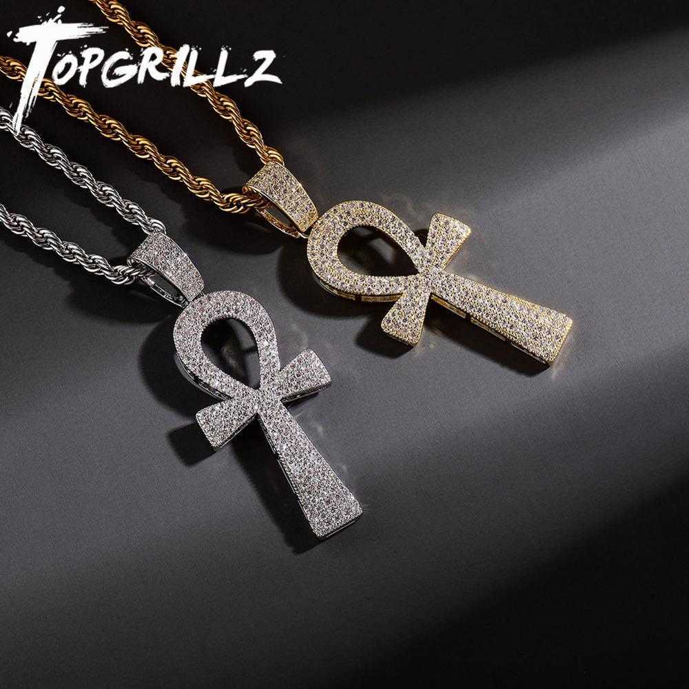 

TOPGRILLZ Hip Hop New Style Ankh Necklace Copper Gold/Silver Color Plated Micro Paved AAA CZ Stone Pendant Necklace Rope Chain X0707