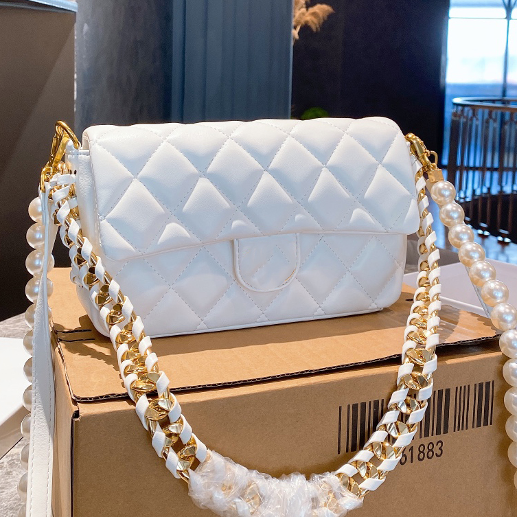 

25c 2021 Top Brand Luxury Desinger CF Classic Shoulder Bags Flap Mini Square Leather Matelasse Pearl Three Chains Large Capacity Crossbody H