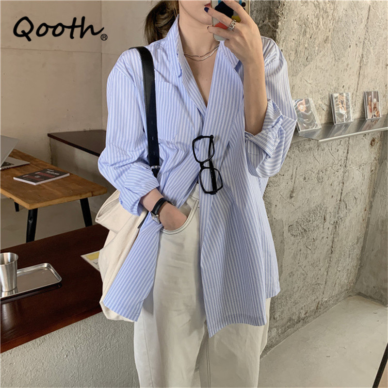 

Qooth Oversized Striped Polo Neck Long Sleeve Blouse Single Breasted Loose Mid-Length Shirt Straight Long-sleeved Tops QT653 210518, Blue