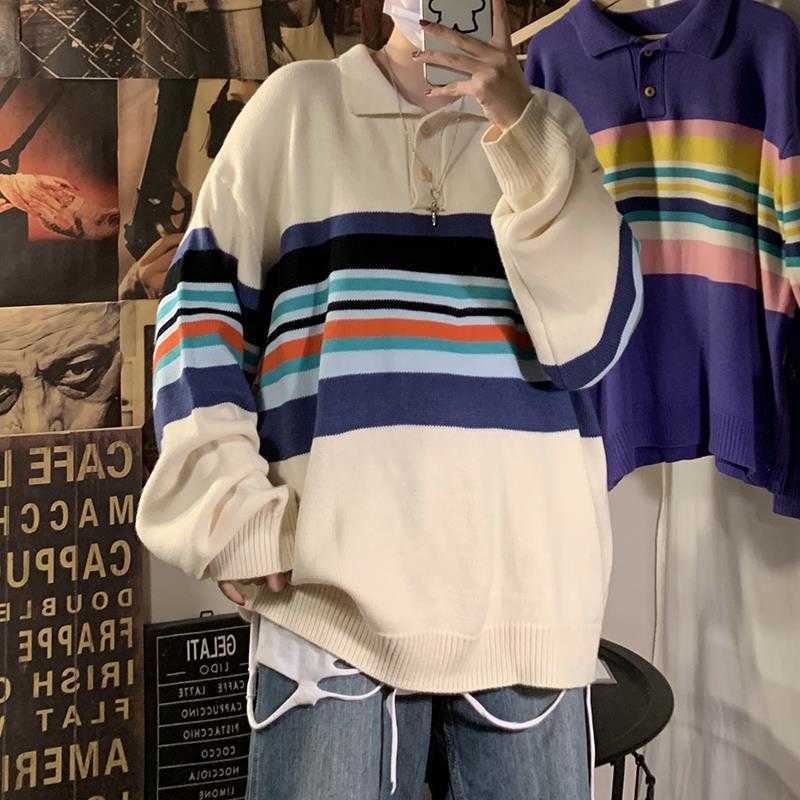 

Sweaters for men and wo fall winter lazy wind sweater jacket Korean trend wild lapel loose lovers wo 210526, Navy blue