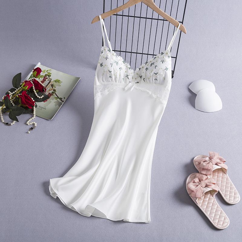 

Women's Sleepwear Embroidery Lace Nightdress Sexy Female Spaghetti Nightgown Thin Intimate Lingerie Summer Satin Home Dressing Gown, White