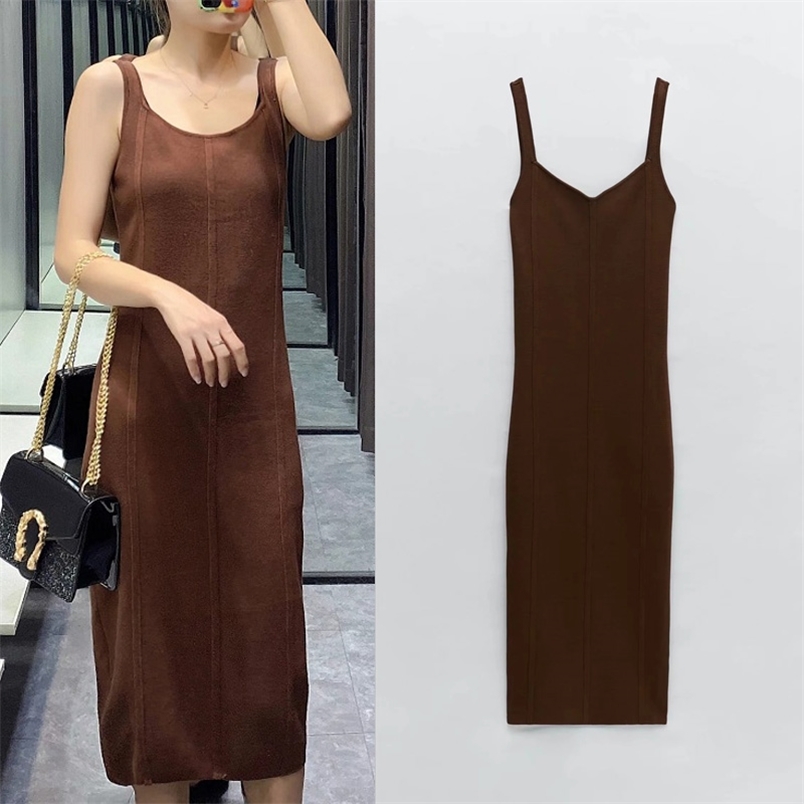 

knitted Sleeveless Spaghetti strap Sweater Midi Dress Elegant Autumn Slip dress Ladies Strapless off shoulder Dresses 210519, Brown