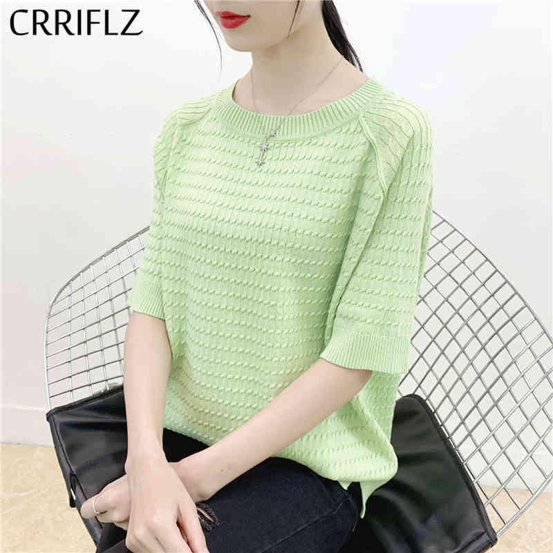 

Autumn Sweet Half Sleeve Knitted Pullovers Sweater Women Fashion O-neck Solid Twist CRRIFLZ 210520, Black