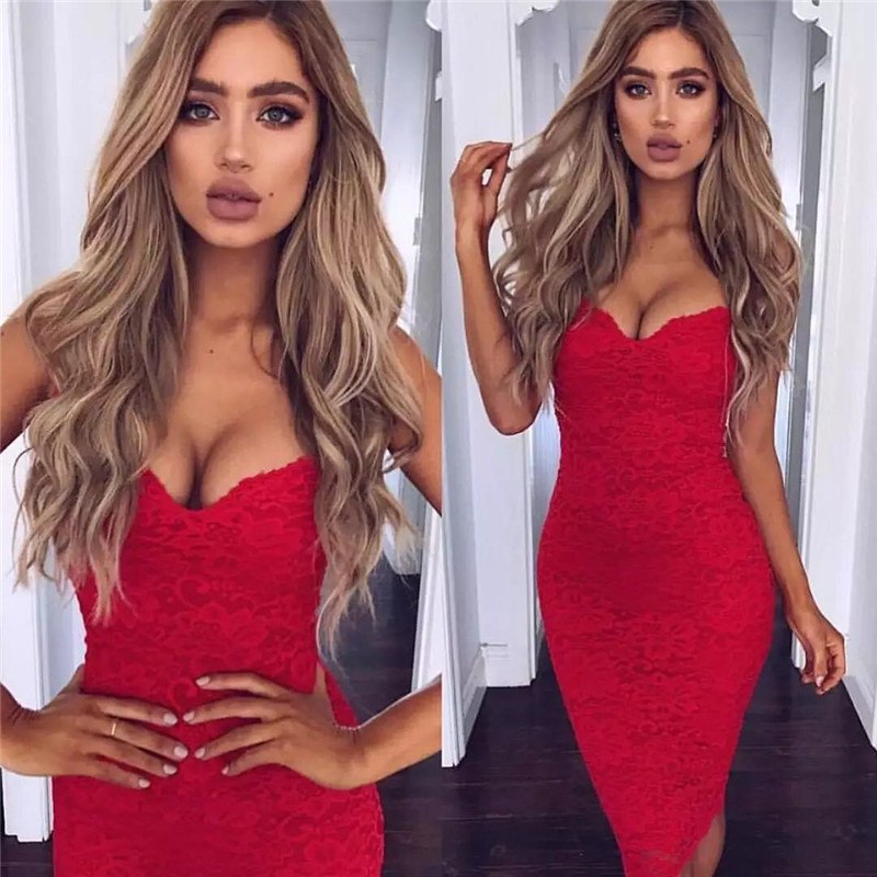 

Casual Dresses Sexy Summer Lace Elegant Party Bodycon For Women V-Neck Spaghetti Strap Knee-Length Women' es vestidos de fiesta, Red