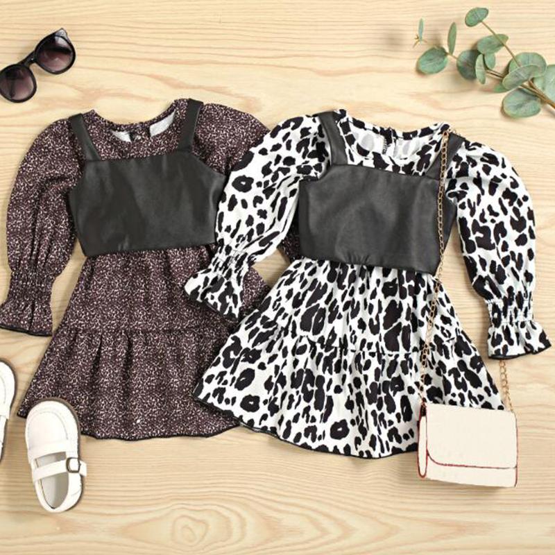 

Girl's Dresses Ly Little Girl\u2021s Casual Dress And Camisole Fashion Printing Lantern Sleeve With Leather Vest