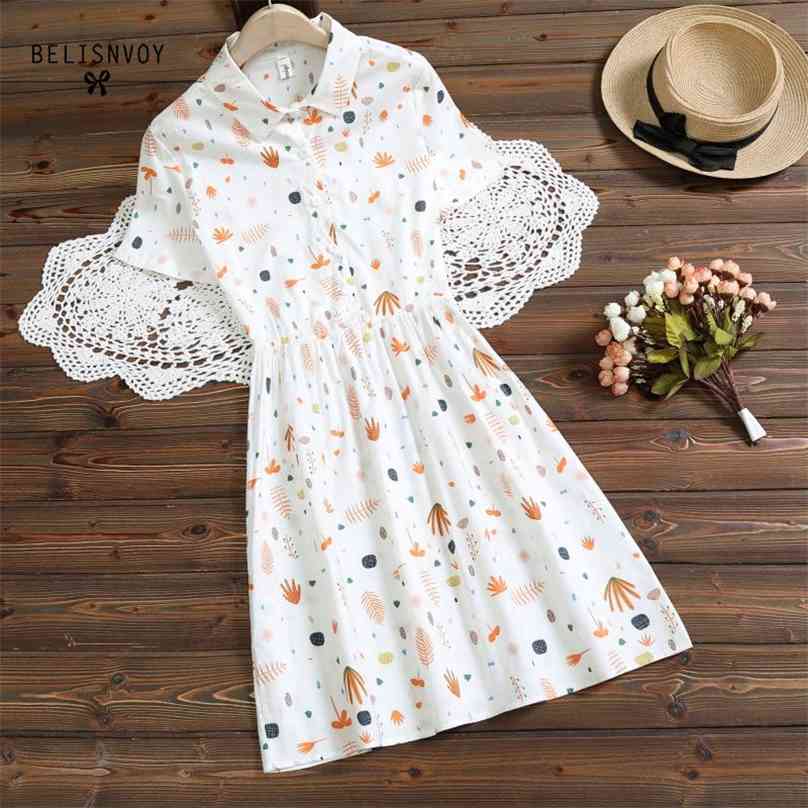 

Mori Girl Sweet Summer Women Clothes Lovely Printed Cotton Linen Retro Female Vestidos Short Sleeve Vintage Student Dress 210520, White