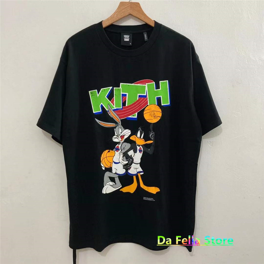 

2021 KITH Basketball T-shirt Men Women Black Vintage Looney Rabbit Duck Print Short Sleeve 1:1 Tops Tee, White;black
