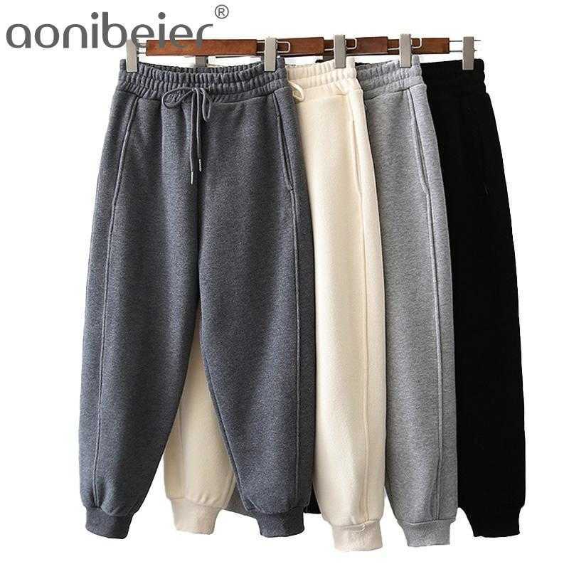 

Korean Women Pants Autumn / Winter High Waist Composite Plus Velvet Closing Solid Color Sweatpants Woman Sports 210604, Light gray