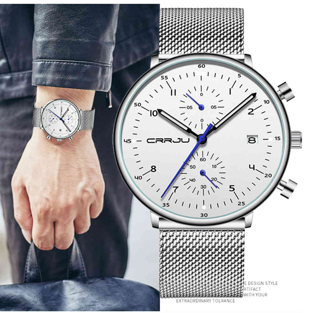 

Watches for Men CRRJU Men Fashion WristWatch Business Watch for Men Military waterproof Date Quartz watches relogio masculino 210517, Silver white
