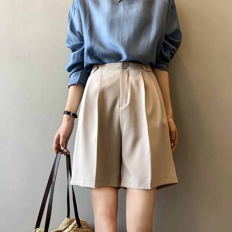 

Women's Shorts 2021 Summer Straight Women Korean Style Loose Wide Leg Drape Pockets Strethy Waist Office Lady Fashion Female Clothing, Beige