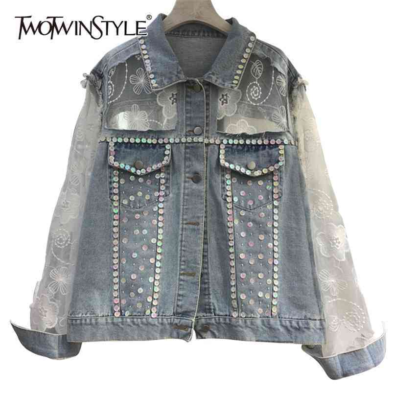

Casual Patchwork Lace Diamond Jacket For Women Lapel Long Sleeve Streetwear Jackets Female Fashion Clothing 210524, Blue