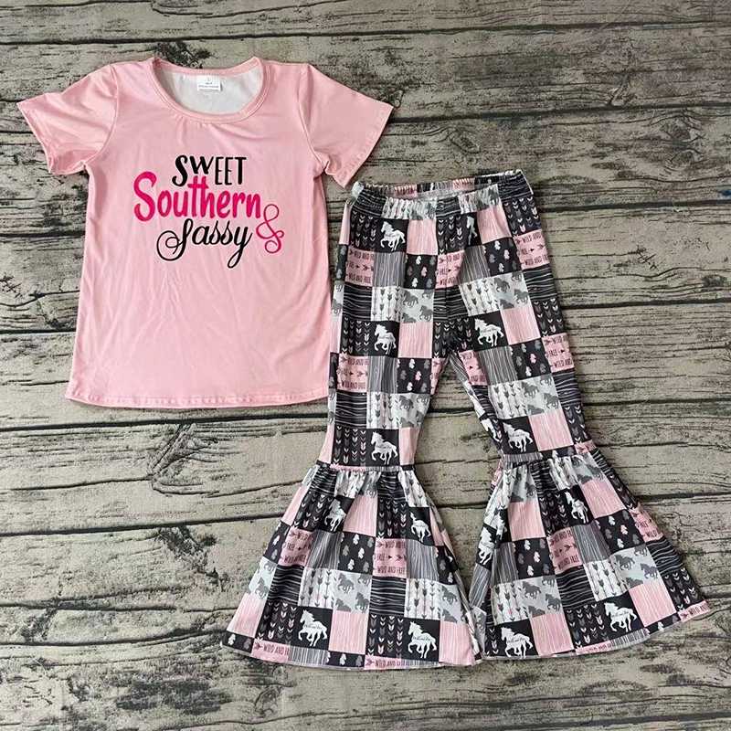 

Clothing Sets Wholesale Children Baby Girls Spring Boutique Kids Pink Short Sleeve Letter Sweet Shirt Horse Bells Pants Outfit, As picture