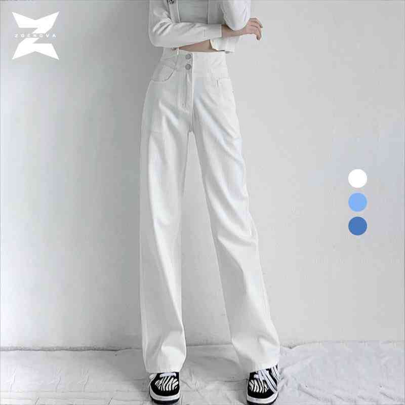 

white high waist streetwear women jean baggy mom vintage denim trousers pocket washed casual fashion y2k pants, Blue