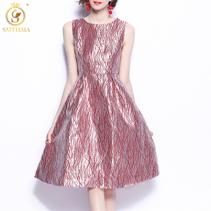 

Women Luxury Shiny Jacquard Summer Dress Festa High Quality Vintage Party Robe Femme Sleeveless Designer Vestidos 210520, Photo color