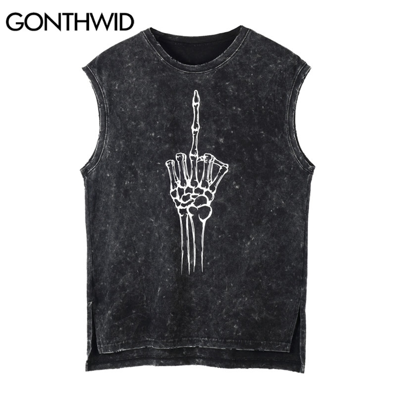 

Sleeveless Vest Hip Hop Skull Middle Finger Print Distressed Tank Top Streetwear Casual Loose Fashion Harajuku Tshirts 210602, Black