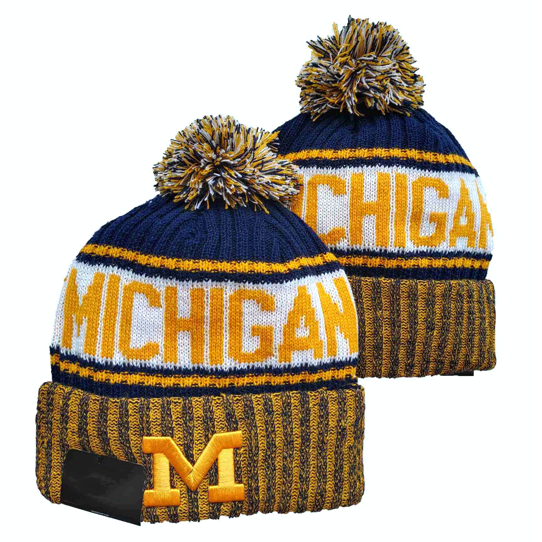 

New College Michigan Football Beanies Sport Pom Cuffed Knit Hat Blue Gold Pom Pom Cap Team Knits Mix And Match All Caps