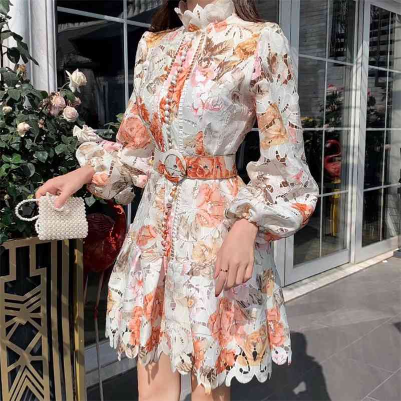 

[EWQ] Spring Sweet Lantern Sleeve Hook Flower Ladies Dress Korean Printed Stand Collar Tie Modern Lady Prom Night Dresses 210630, Color