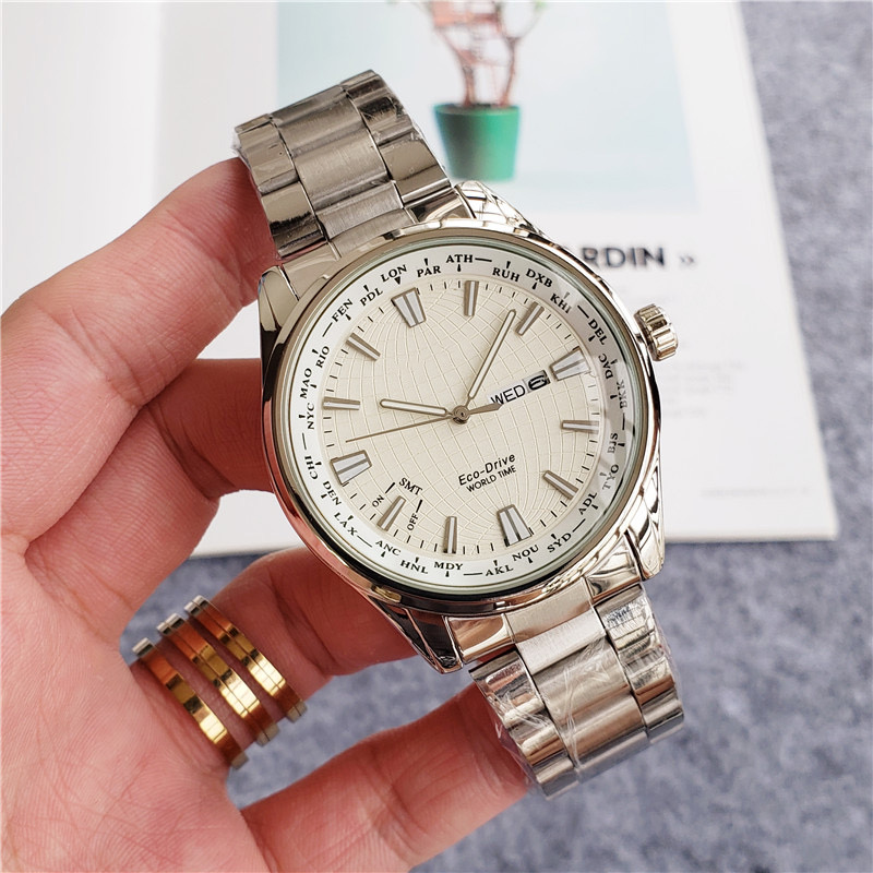 

Mens watches quartz movement japan battery watch eco stainless steel strap drive world time date lifestyle waterproof wristwatch analog montre de luxe, Silver white