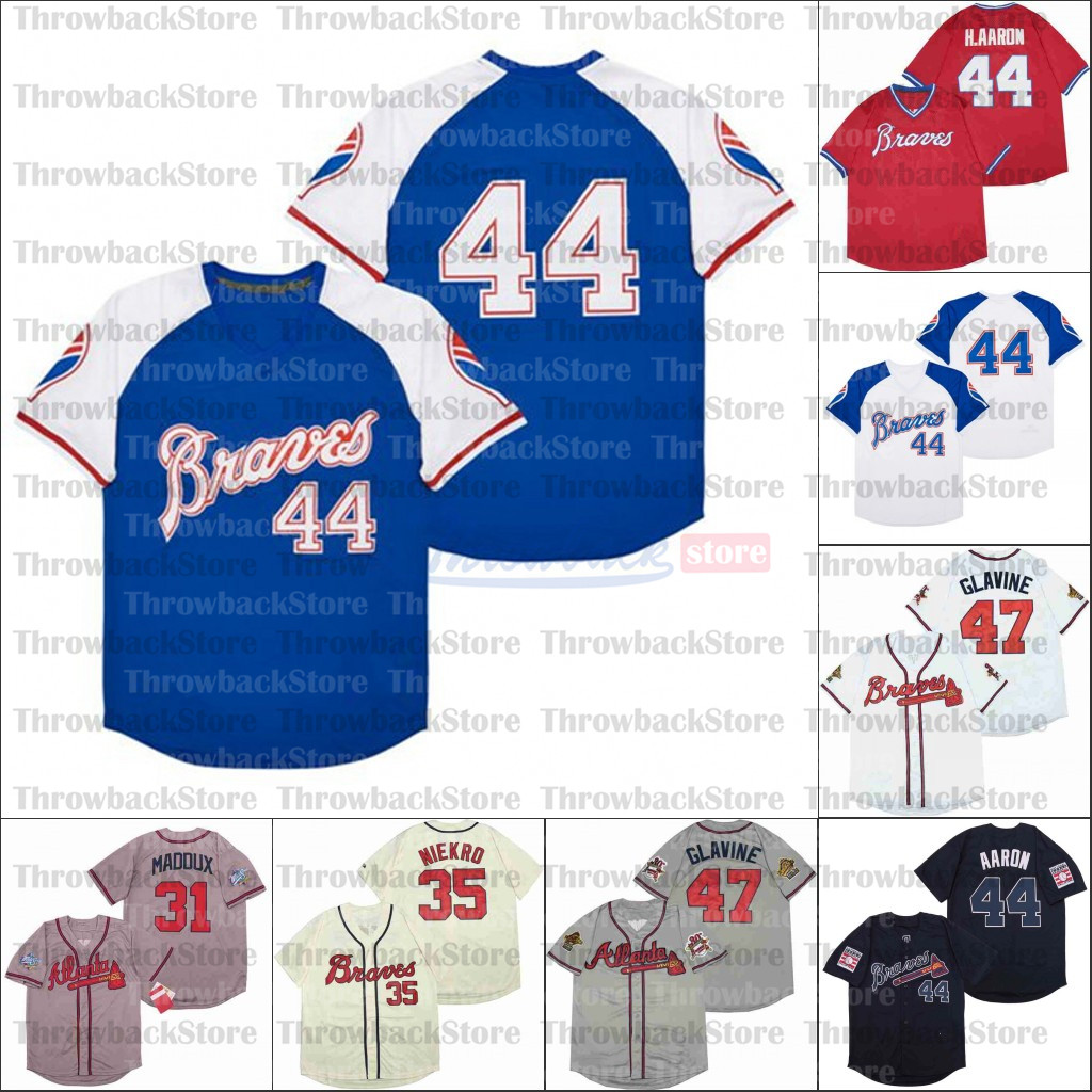 

Retro Baseball 1934 1973 and 1974 Home Jersey 47 Glavine 44 H.AARON 31 MADDUX 35 NIEKRO white black red grey, As photo