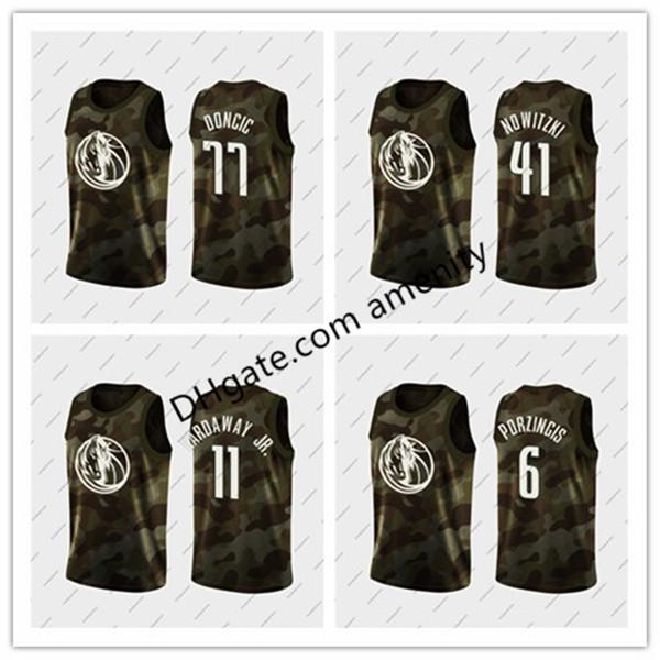 

Men Mavericks Dallas 77 Doncic 41 Nowitzki 6 Porzingis 11 Hardaway JR camo memorial Basketball jersey Luka Dirk Kristaps day 20, Black